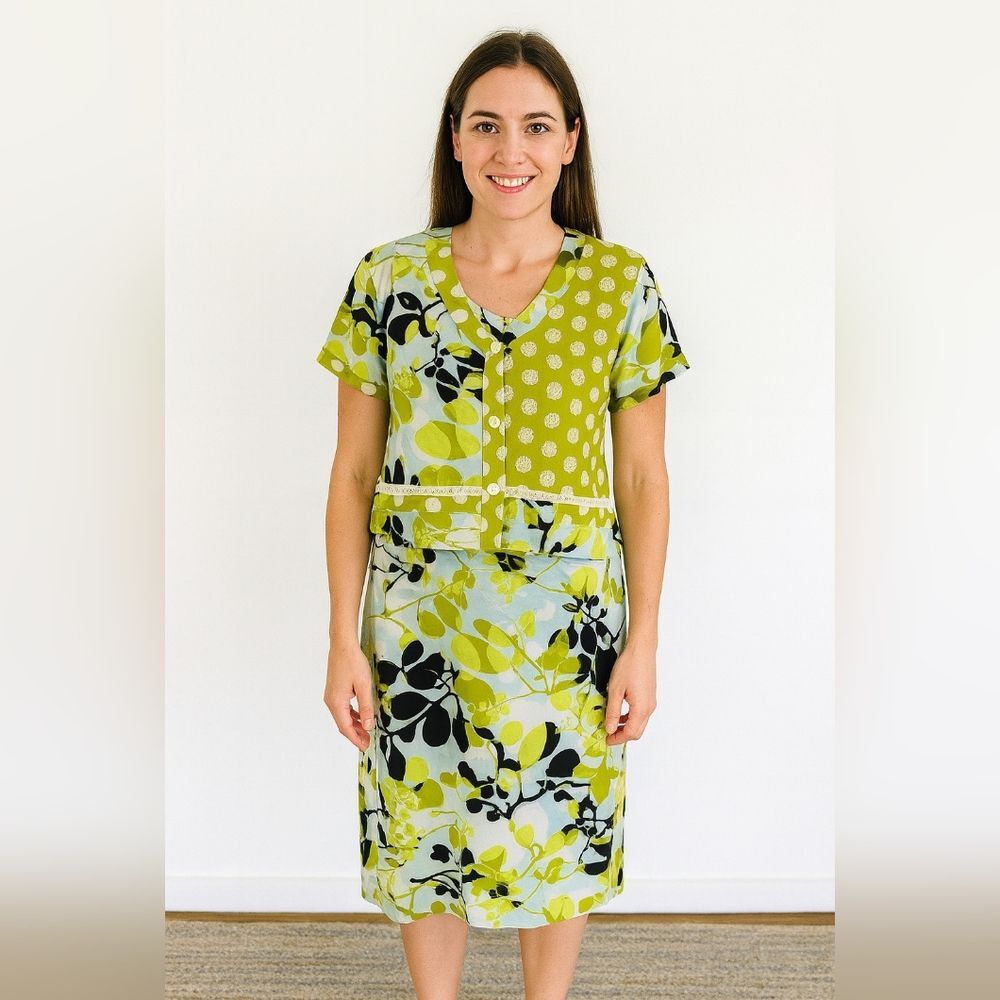 Key Lime Pie Two Piece Dress Jacket Set M Bold Floral Mod Print Yellow Black Bli